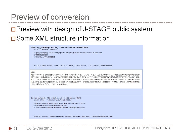 Preview of conversion � Preview with design of J-STAGE public system � Some XML