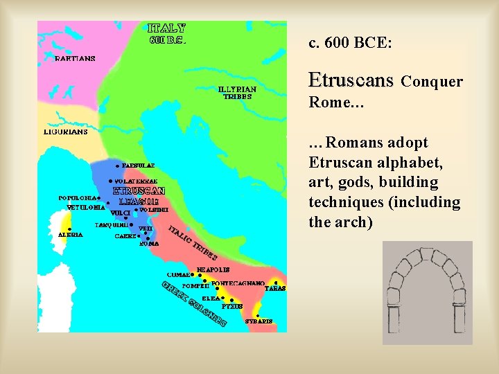 c. 600 BCE: Etruscans Conquer Rome… …Romans adopt Etruscan alphabet, art, gods, building techniques