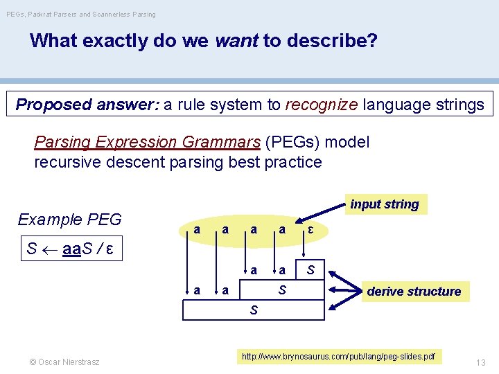 PEGs, Packrat Parsers and Scannerless Parsing What exactly do we want to describe? Proposed