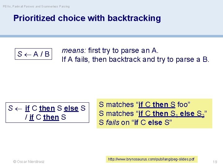 PEGs, Packrat Parsers and Scannerless Parsing Prioritized choice with backtracking S A/B means: first