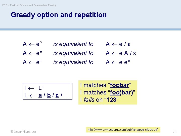 PEGs, Packrat Parsers and Scannerless Parsing Greedy option and repetition A e? A e*