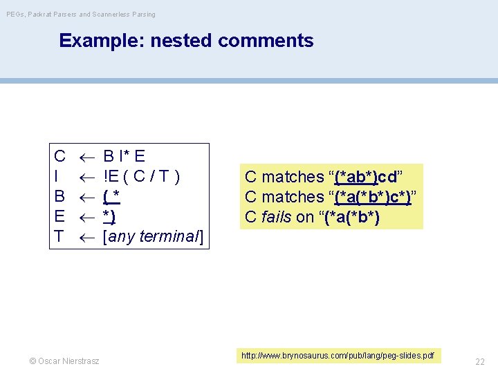 PEGs, Packrat Parsers and Scannerless Parsing Example: nested comments C I B E T