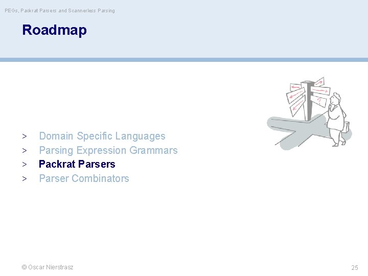 PEGs, Packrat Parsers and Scannerless Parsing Roadmap > > Domain Specific Languages Parsing Expression