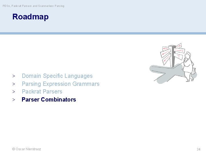 PEGs, Packrat Parsers and Scannerless Parsing Roadmap > > Domain Specific Languages Parsing Expression