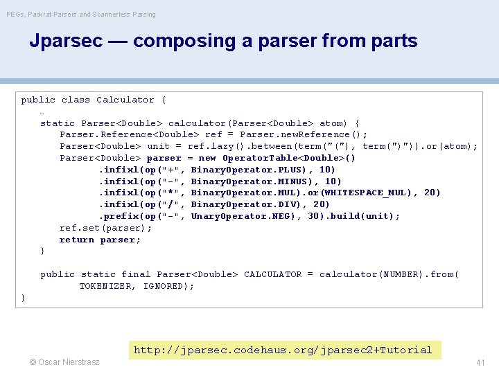 PEGs, Packrat Parsers and Scannerless Parsing Jparsec — composing a parser from parts public