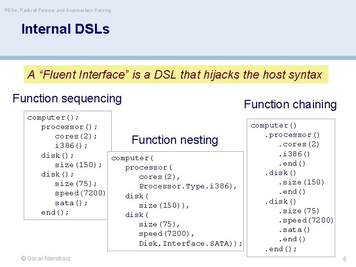 PEGs, Packrat Parsers and Scannerless Parsing Internal DSLs A “Fluent Interface” is a DSL