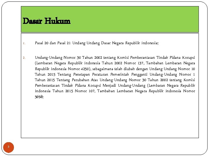 Dasar Hukum 3 1. Pasal 20 dan Pasal 21 Undang-Undang Dasar Negara Republik Indonesia;