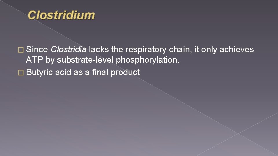Clostridium � Since Clostridia lacks the respiratory chain, it only achieves ATP by substrate-level