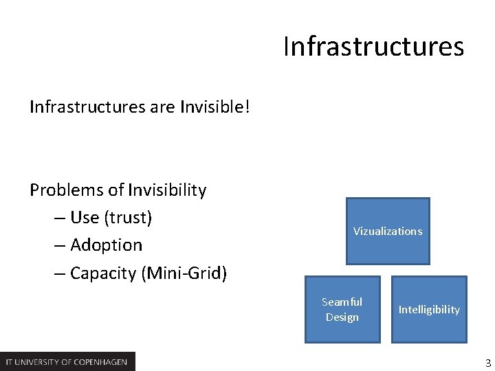 Infrastructures are Invisible! Problems of Invisibility – Use (trust) – Adoption – Capacity (Mini-Grid)