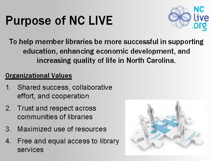 Purpose of NC LIVE To help member libraries be more successful in supporting education,