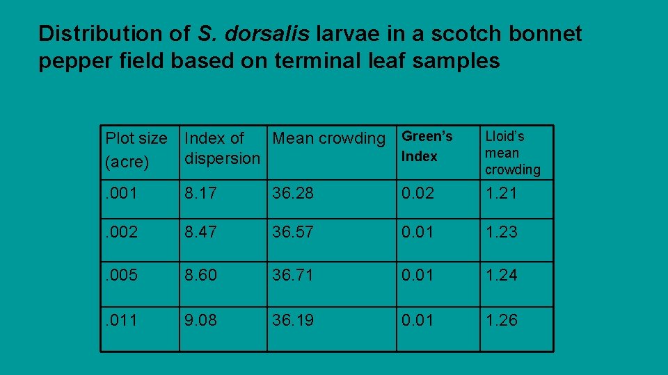 Distribution of S. dorsalis larvae in a scotch bonnet pepper field based on terminal