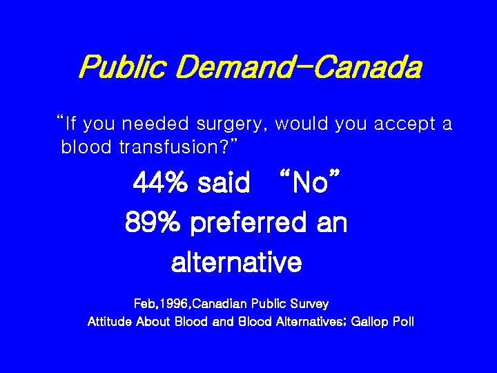 Public Demand-Canada “If you needed surgery, would you accept a blood transfusion? ” 44%
