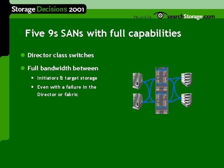 Five 9 s SANs with full capabilities l Director class switches l Full bandwidth