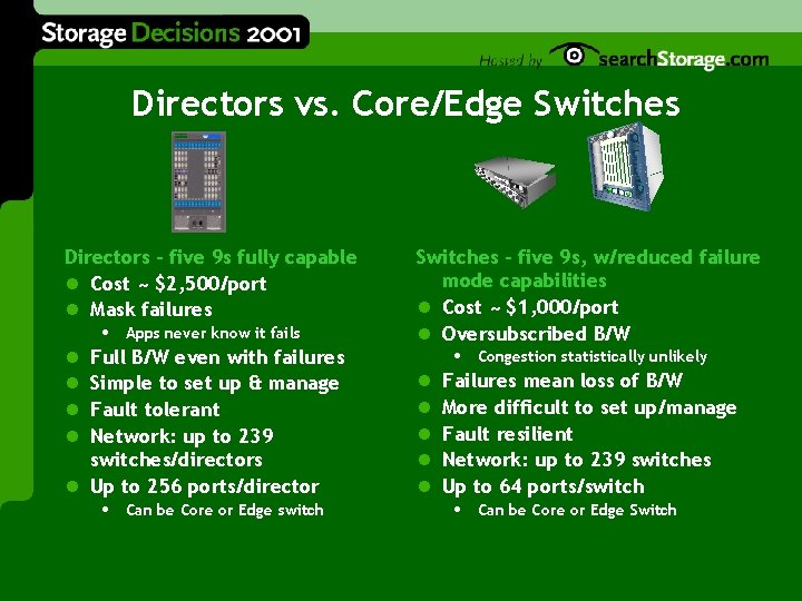 Directors vs. Core/Edge Switches Directors - five 9 s fully capable l Cost ~