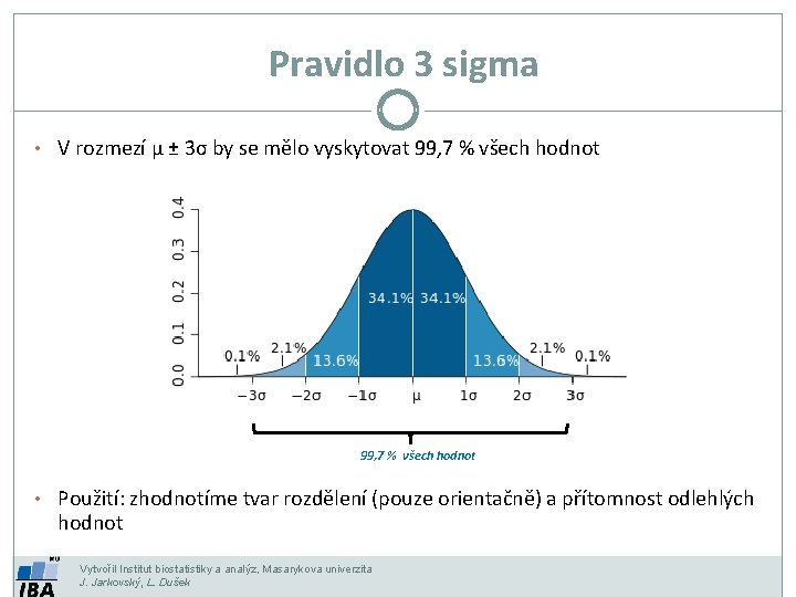 Pravidlo 3 sigma • V rozmezí μ ± 3σ by se mělo vyskytovat 99,