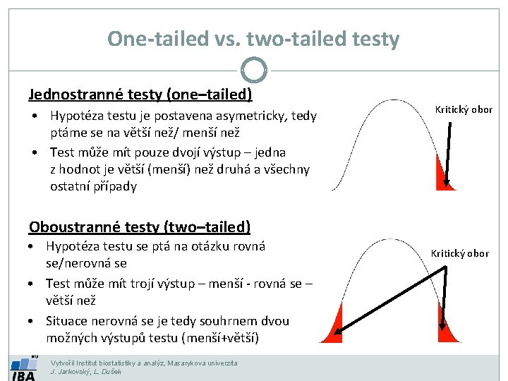 One-tailed vs. two-tailed testy Jednostranné testy (one–tailed) • Hypotéza testu je postavena asymetricky, tedy