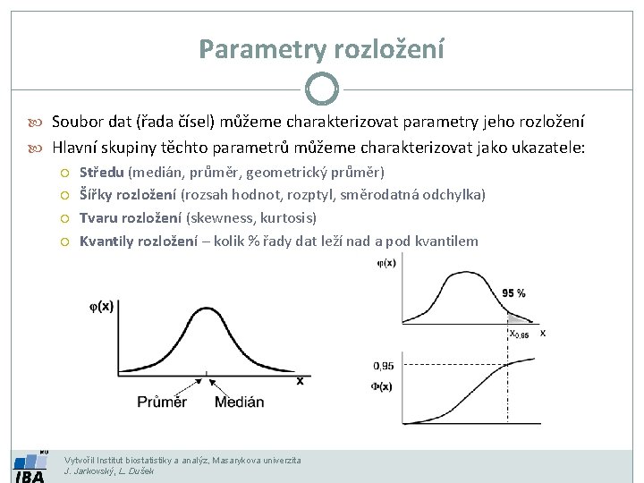 Parametry rozložení Soubor dat (řada čísel) můžeme charakterizovat parametry jeho rozložení Hlavní skupiny těchto