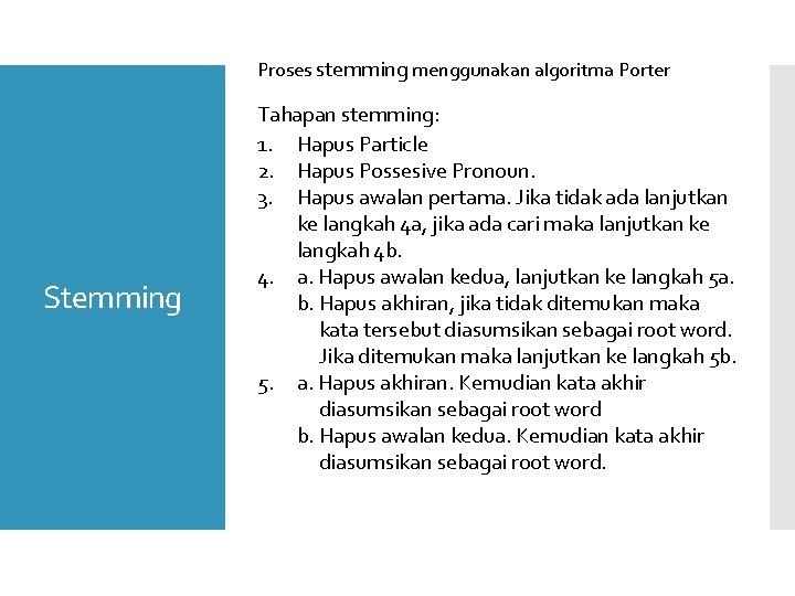 Proses stemming menggunakan algoritma Porter Stemming Tahapan stemming: 1. Hapus Particle 2. Hapus Possesive