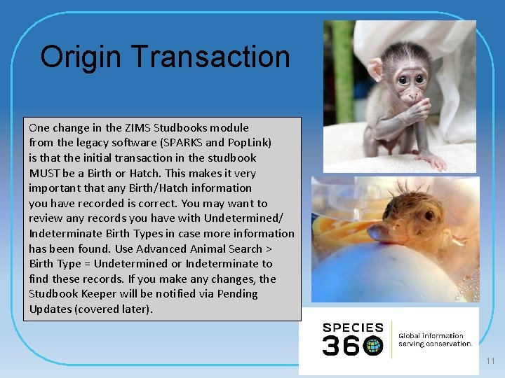 Origin Transaction One change in the ZIMS Studbooks module from the legacy software (SPARKS