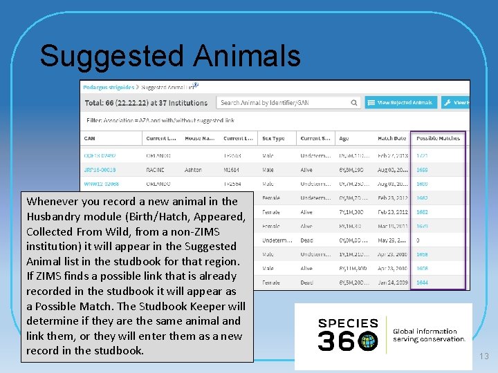 Suggested Animals Whenever you record a new animal in the Husbandry module (Birth/Hatch, Appeared,