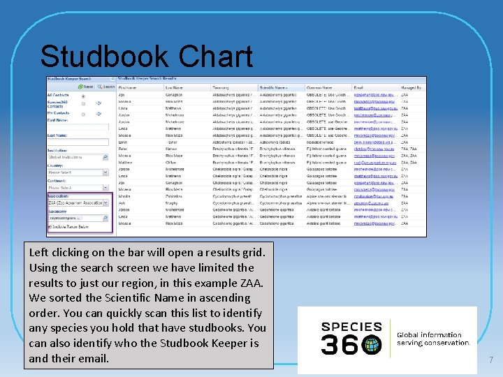 Studbook Chart Left clicking on the bar will open a results grid. Using the