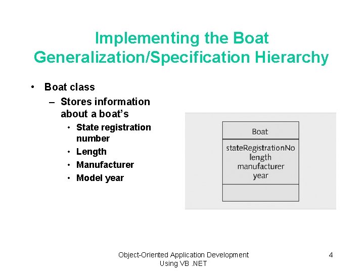 Implementing the Boat Generalization/Specification Hierarchy • Boat class – Stores information about a boat’s