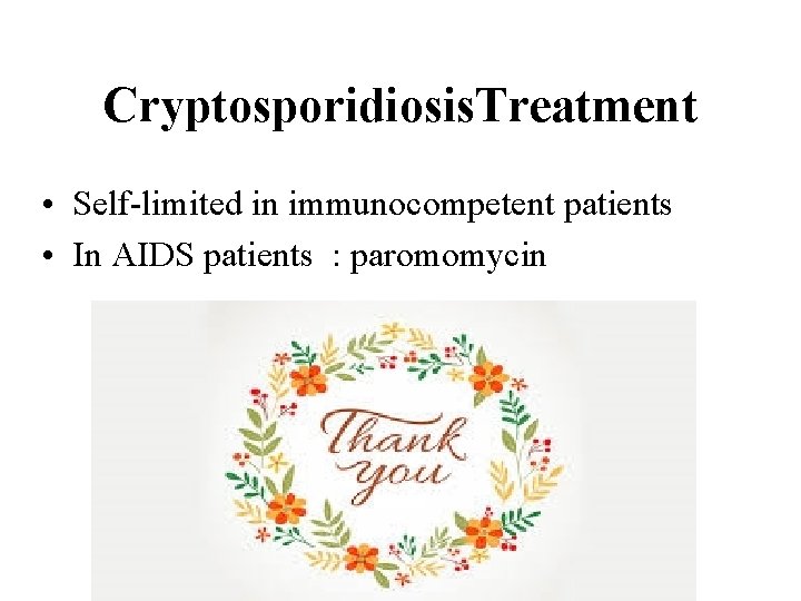 Cryptosporidiosis. Treatment • Self-limited in immunocompetent patients • In AIDS patients : paromomycin 