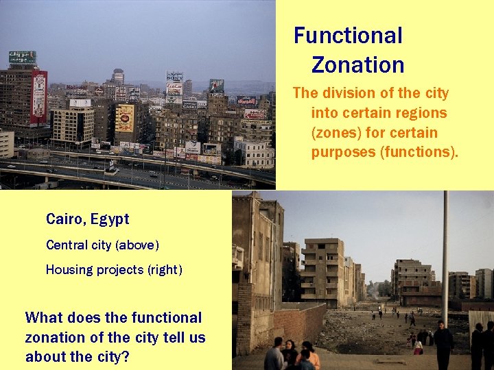 Functional Zonation The division of the city into certain regions (zones) for certain purposes