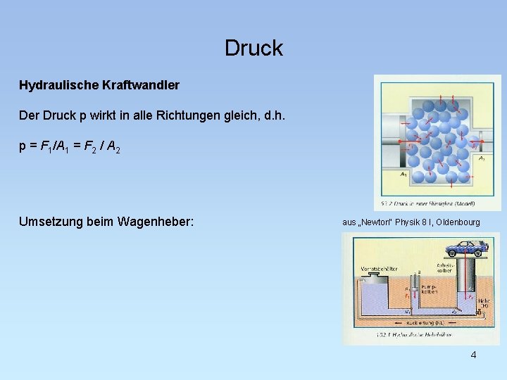 Druck Hydraulische Kraftwandler Druck p wirkt in alle Richtungen gleich, d. h. p =