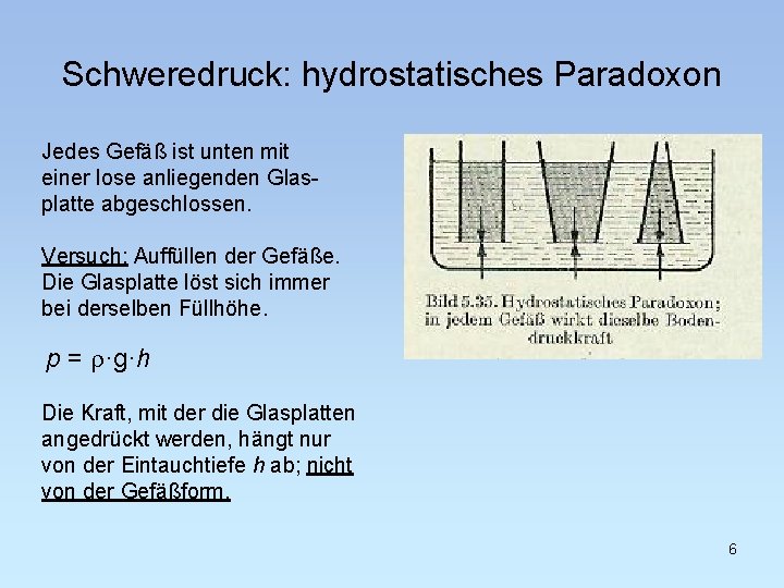 Schweredruck: hydrostatisches Paradoxon Jedes Gefäß ist unten mit einer lose anliegenden Glasplatte abgeschlossen. Versuch: