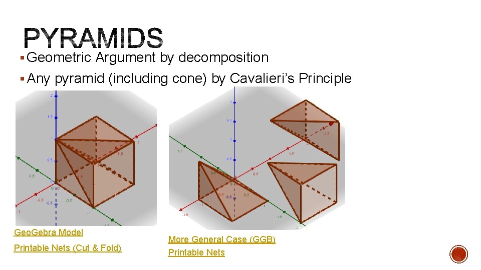 § Geometric Argument by decomposition § Any pyramid (including cone) by Cavalieri’s Principle Geo.