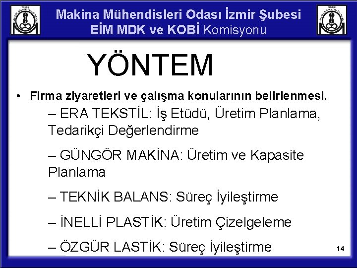 Makina Mühendisleri Odası İzmir Şubesi EİM MDK ve KOBİ Komisyonu YÖNTEM • Firma ziyaretleri