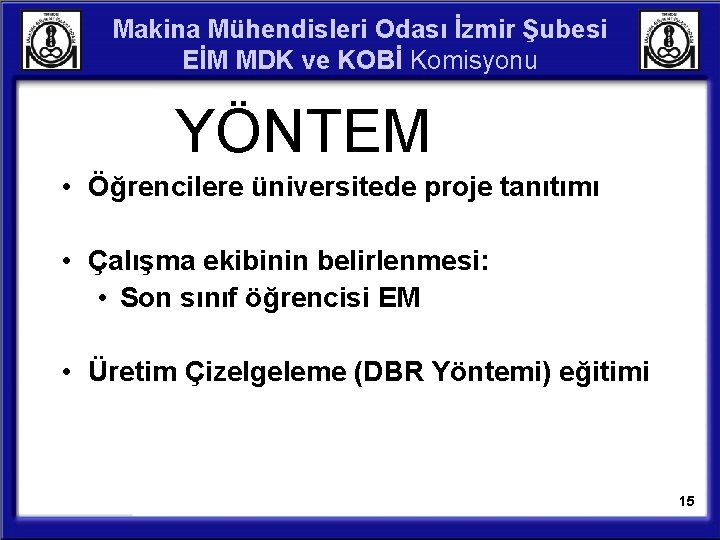 Makina Mühendisleri Odası İzmir Şubesi EİM MDK ve KOBİ Komisyonu YÖNTEM • Öğrencilere üniversitede