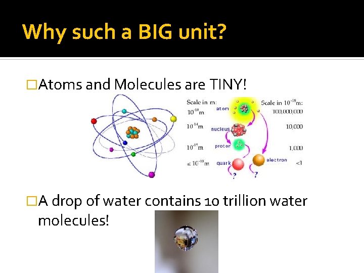 Why such a BIG unit? �Atoms and Molecules are TINY! �A drop of water Why such a BIG unit? �Atoms and Molecules are TINY! �A drop of water