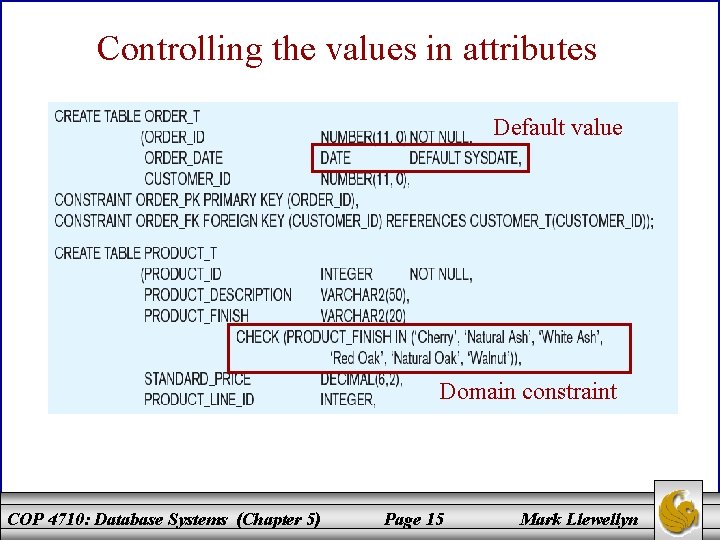 Controlling the values in attributes Default value Domain constraint COP 4710: Database Systems (Chapter