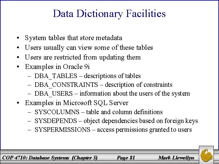 Data Dictionary Facilities • • System tables that store metadata Users usually can view