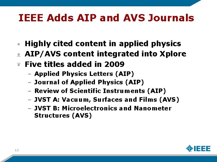 IEEE Adds AIP and AVS Journals Highly cited content in applied physics AIP/AVS content