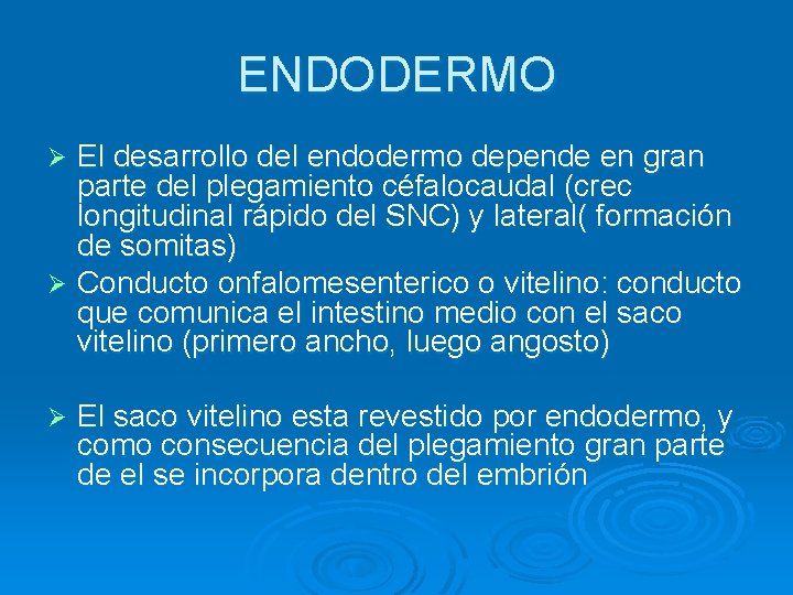 ENDODERMO El desarrollo del endodermo depende en gran parte del plegamiento céfalocaudal (crec longitudinal