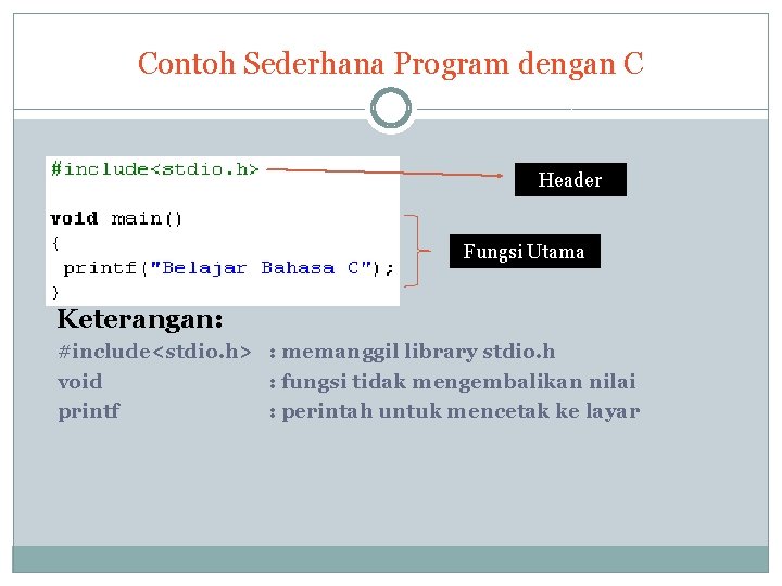 Contoh Sederhana Program dengan C Header Fungsi Utama Keterangan: #include<stdio. h> : memanggil library