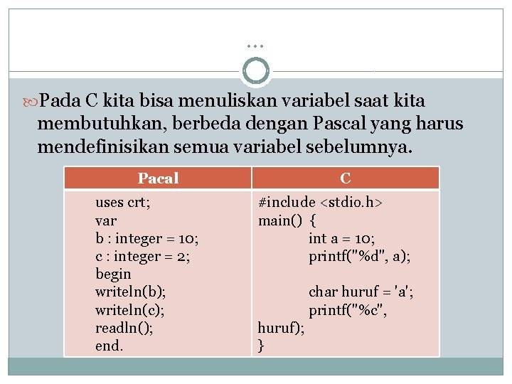 … Pada C kita bisa menuliskan variabel saat kita membutuhkan, berbeda dengan Pascal yang … Pada C kita bisa menuliskan variabel saat kita membutuhkan, berbeda dengan Pascal yang