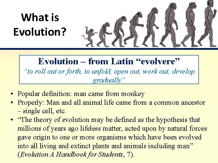 What is Evolution? Evolution – from Latin “evolvere” “to roll out or forth, to