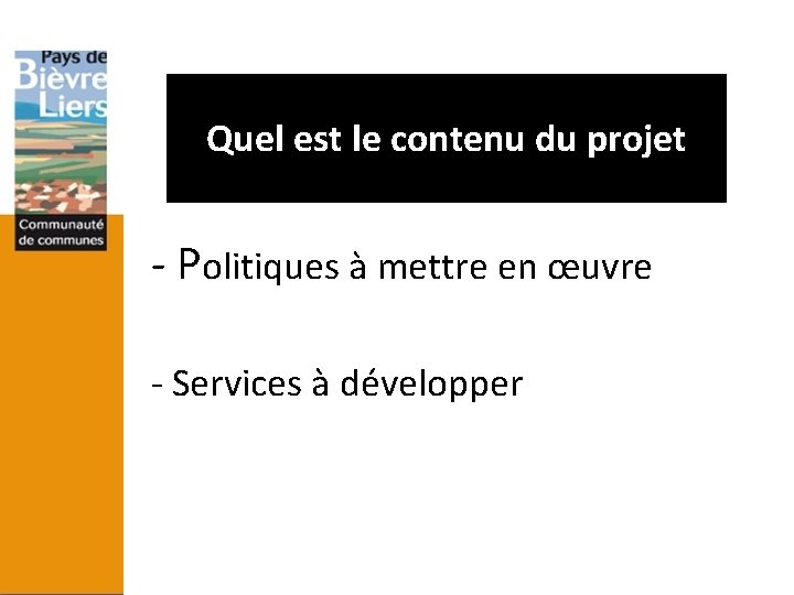 Quel est le contenu du projet - Politiques à mettre en œuvre - Services