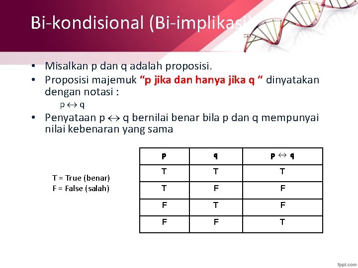 Bi-kondisional (Bi-implikasi) • Misalkan p dan q adalah proposisi. • Proposisi majemuk “p jika