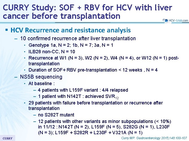 CURRY Study: SOF + RBV for HCV with liver cancer before transplantation § HCV