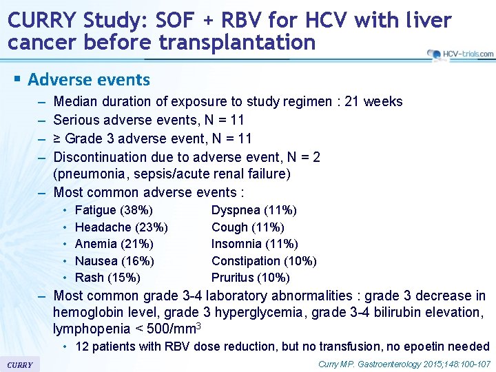 CURRY Study: SOF + RBV for HCV with liver cancer before transplantation § Adverse