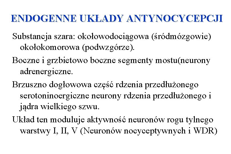 ENDOGENNE UKŁADY ANTYNOCYCEPCJI Substancja szara: okołowodociągowa (śródmózgowie) okołokomorowa (podwzgórze). Boczne i grzbietowo boczne segmenty