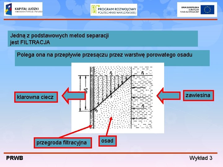 Jedną z podstawowych metod separacji jest FILTRACJA Polega ona na przepływie przesączu przez warstwę