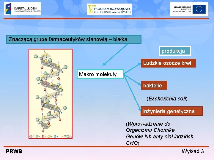 Znaczącą grupę farmaceutyków stanowią – białka produkcja Ludzkie osocze krwi Makro molekuły bakterie (Escherichia