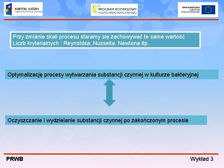 Przy zmianie skali procesu staramy się zachowywać te same wartość Liczb kryterialnych : Reynoldsa,