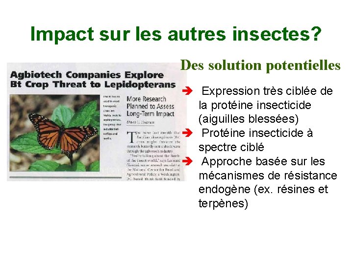 Impact sur les autres insectes? Des solution potentielles è Expression très ciblée de la